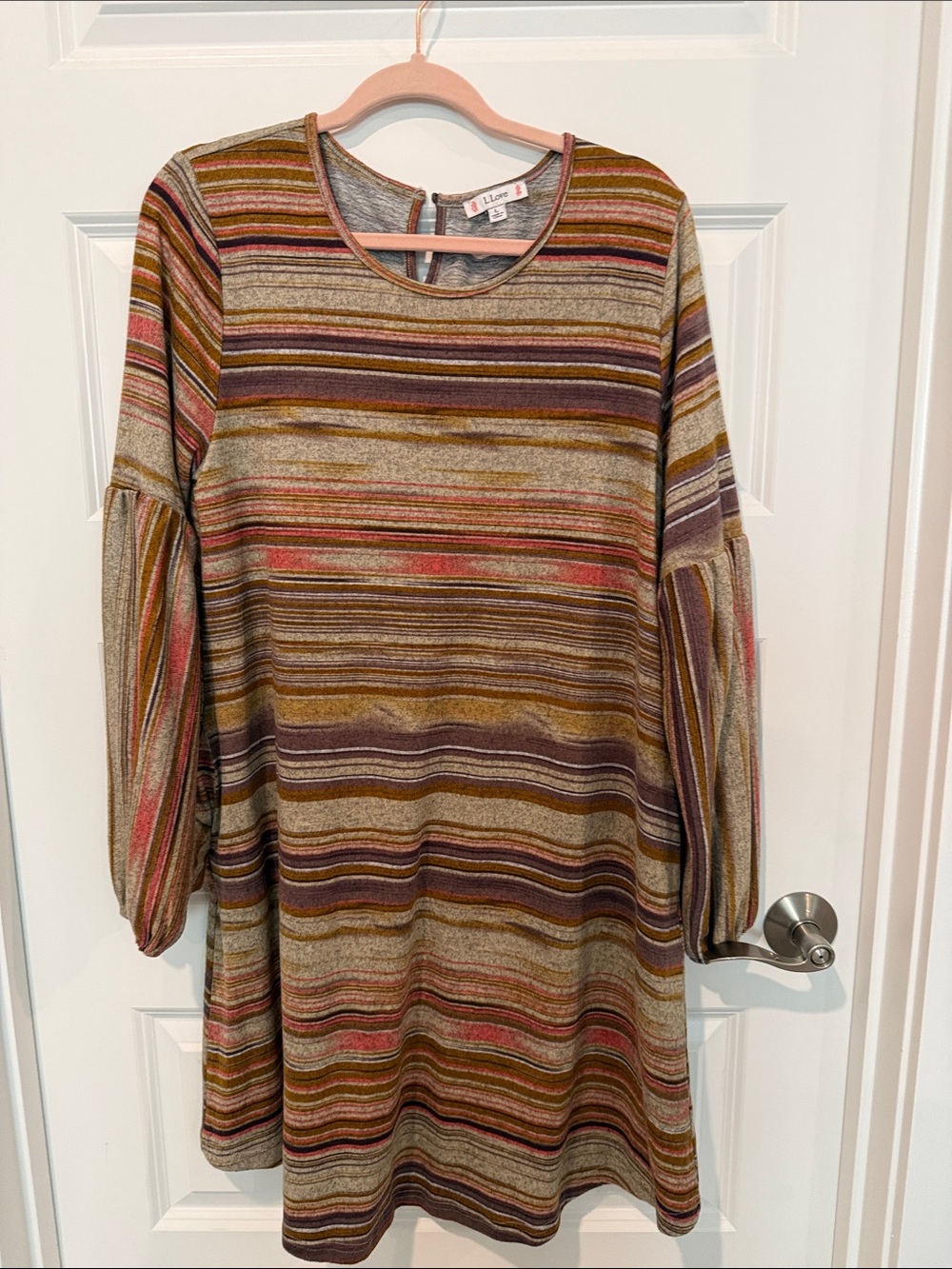 L Love Striped Knit Tunic in Olive, Mauve & Rust dress